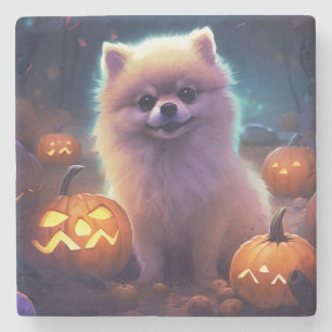 Halloween Pomeranian mit Kürbissen Gruselig  Steinuntersetzer