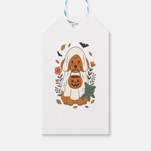 Halloween Poodle mit Herbst-Blume Geschenkanhänger (Vorderseite)
