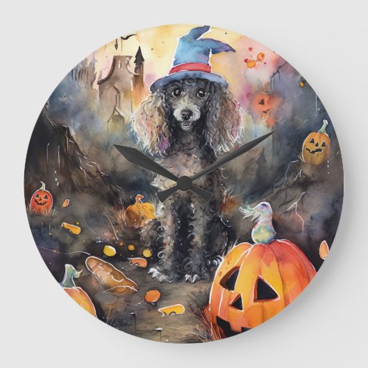 Halloween Poodle mit Pumpkins Beängstigend Große Wanduhr (Vorderseite)