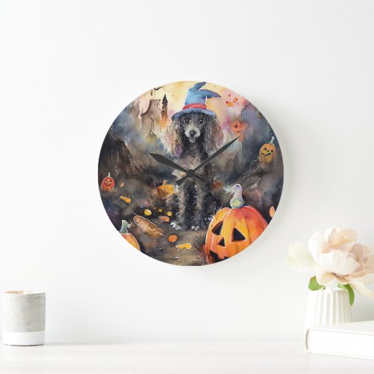 Halloween Poodle mit Pumpkins Beängstigend Große Wanduhr (Zuhause)