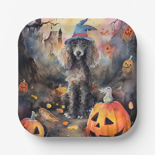 Halloween Poodle mit Pumpkins Beängstigend Pappteller (Vorderseite)
