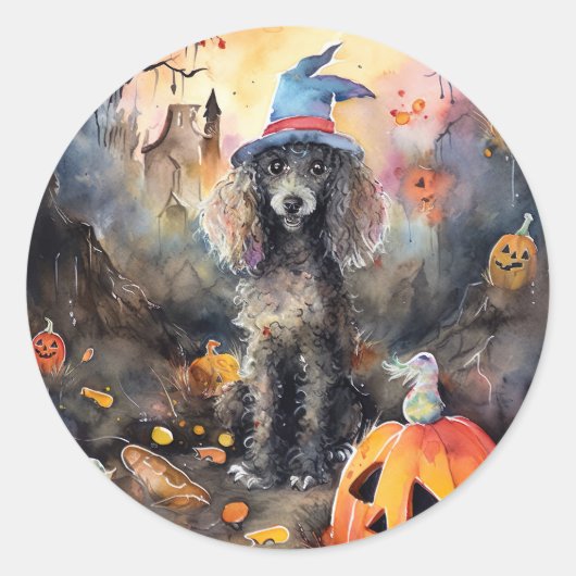 Halloween Poodle mit Pumpkins Beängstigend Runder Aufkleber (Vorderseite)
