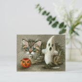 Halloween Postcard Cat Kitten Ghost Pumpkin Art Postkarte (Stehend Vorderseite)