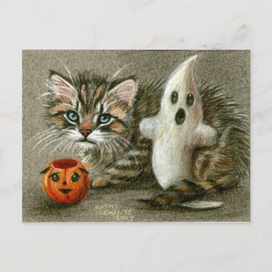 Halloween Postcard Cat Kitten Ghost Pumpkin Art Postkarte (Vorderseite)