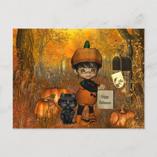 Halloween Postkarte mit Junge und Kürbis (Vorderseite)