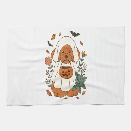 Halloween-Pudel mit Herbstblumen Geschirrtuch (Horizontal)