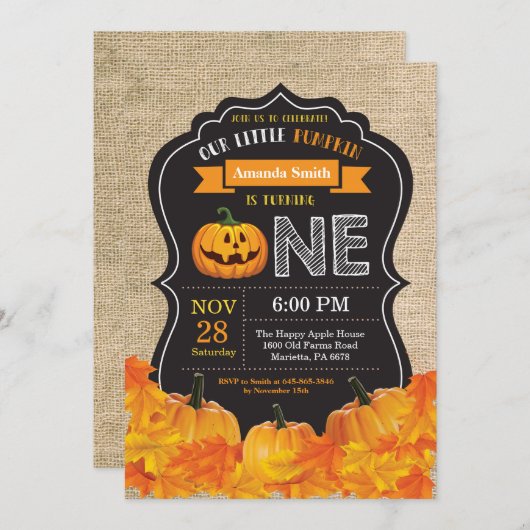 Halloween Pumpkin 1. Geburtstag Einladung Burlap (Vorne/Hinten)