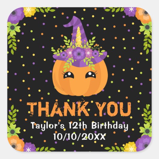 Halloween Pumpkin Birthday Black Danke Square Quadratischer Aufkleber (Vorderseite)