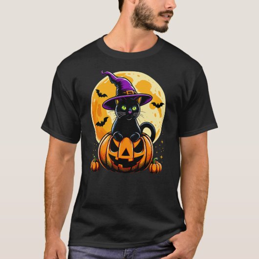 Halloween Pumpkin Black Cat T-Shirt (Vorderseite)