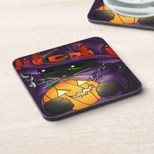 Halloween Pumpkin Black Hexenkatze Getränkeuntersetzer (Linke Seite)