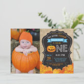 Halloween Pumpkin Boy 1. Geburtstag Blue Burlap Einladung (Stehend Vorderseite)