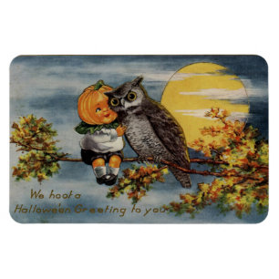 Halloween Pumpkin Boy Owl Treff Branch Moon Vintag Magnet