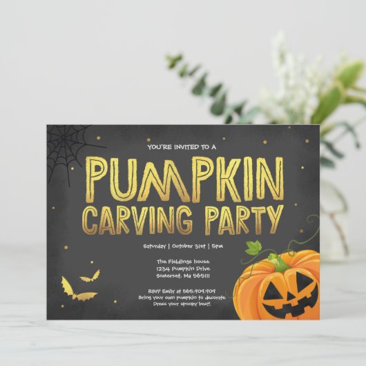 Halloween Pumpkin Carving Party Einladung (Stehend Vorderseite)