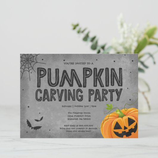 Halloween Pumpkin Carving Party Einladung (Stehend Vorderseite)