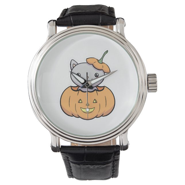 Halloween Pumpkin Cat Armbanduhr (Vorderseite)