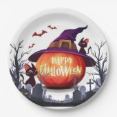Halloween Pumpkin, Cats & Hexenha Pappteller (Vorderseite)