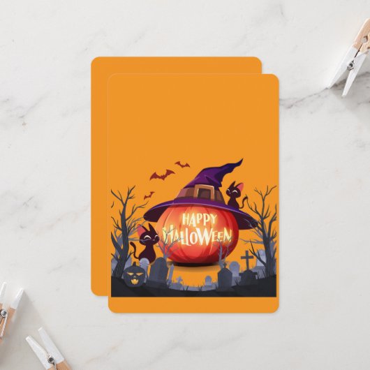 Halloween Pumpkin, Cats & Hexenhut Einladung (Vorderseite/Rückseite Beispiel)
