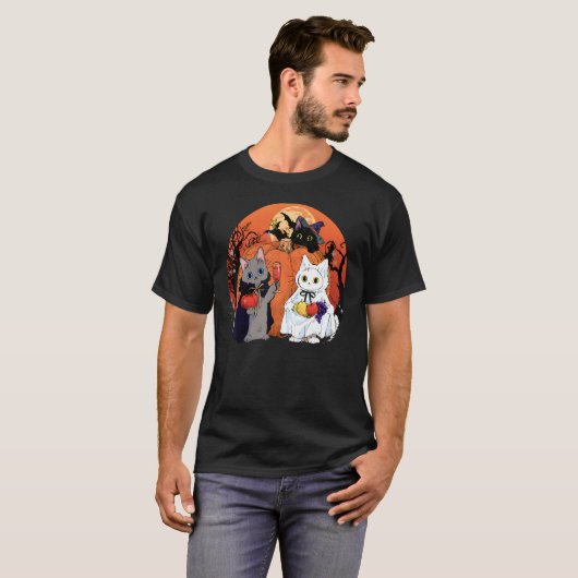 Halloween Pumpkin Cats Trinken Wein T-Shirt (Vorne ganz)
