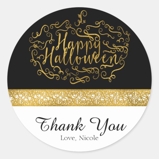 Halloween Pumpkin Elegant Schwarz-weiß Gold Gefall Runder Aufkleber (Vorderseite)