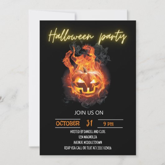 Halloween Pumpkin Flaming Editable Neon Text Einladung (Vorderseite)