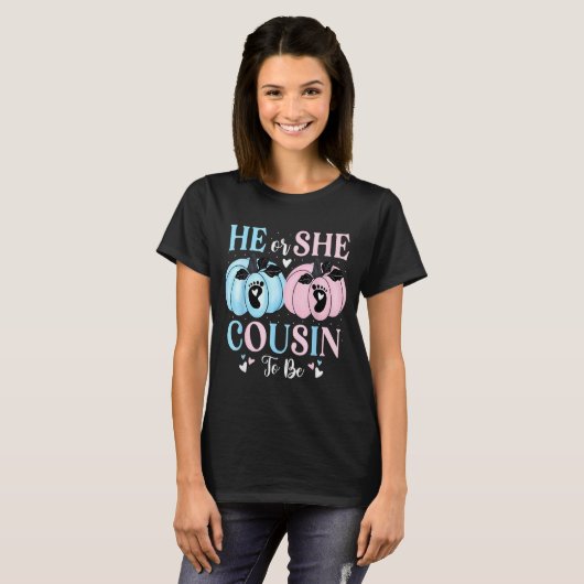 Halloween Pumpkin Gender Reveal He Or She Cousin T T-Shirt (Vorne ganz)