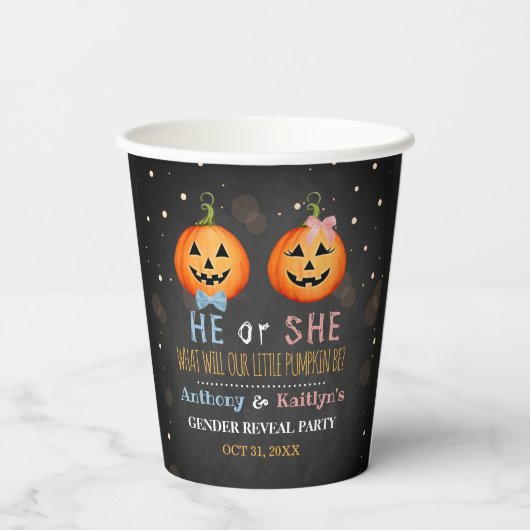 Halloween Pumpkin Gender Reveal Party Pappbecher (Rückseite)