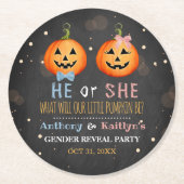 Halloween Pumpkin Gender Reveal Party Runder Pappuntersetzer (Vorderseite)