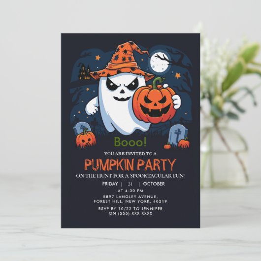 Halloween Pumpkin Ghost Einladung (Stehend Vorderseite)
