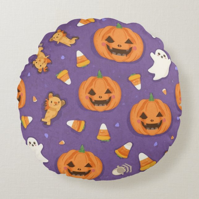 Halloween Pumpkin & Ghost Round Pillow Rundes Kissen (Vorderseite)