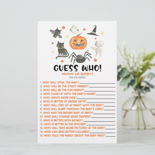 Halloween Pumpkin Guess Who! Baby Shower Game Briefpapier (Stehend Vorderseite)