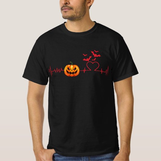 Halloween Pumpkin Heartbeat Line Bats T-Shirt (Vorderseite)