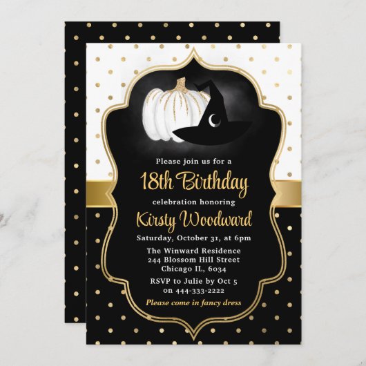 Halloween Pumpkin & Hexenhut 18. Geburtstag Einladung (Vorne/Hinten)
