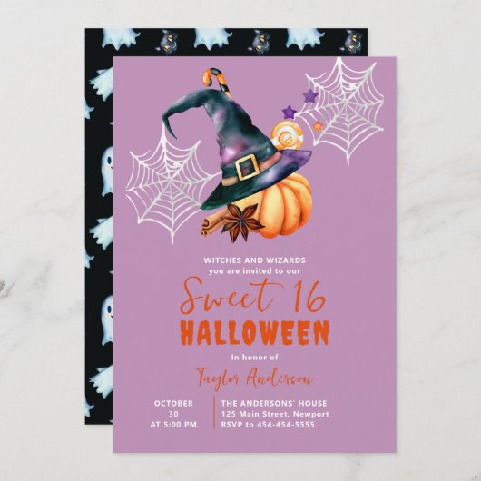 Halloween Pumpkin Hexenhut Ghosts Lila Sweet 16 Einladung (Vorne/Hinten)