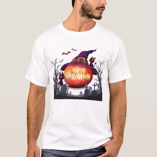Halloween Pumpkin, Hexenhut und Schwarze Katzen T-Shirt (Vorderseite)