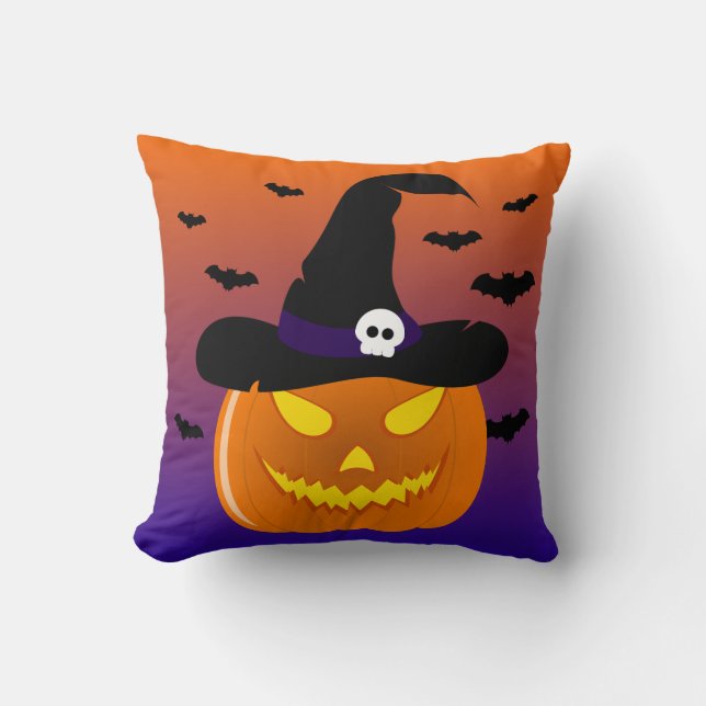 Halloween Pumpkin Jack o’ Lantern Hexenhut Kissen (Vorderseite)