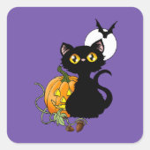 Halloween Pumpkin Lila Black Cat Quadratischer Aufkleber (Vorderseite)