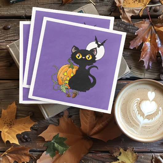 Halloween Pumpkin Lila Black Cat Serviette