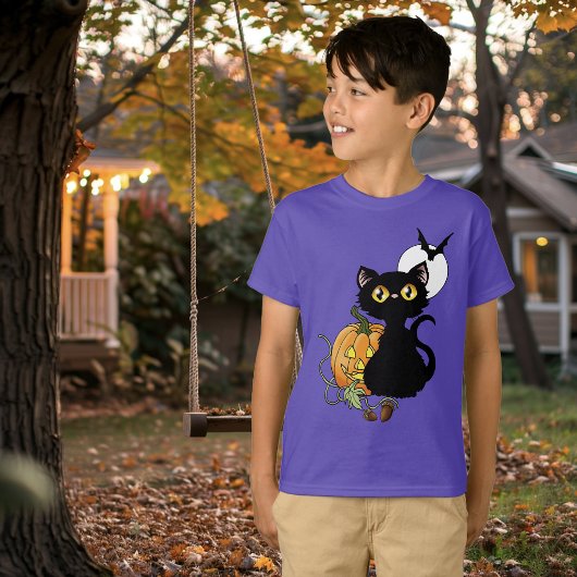 Halloween Pumpkin Lila Black Cat T-Shirt
