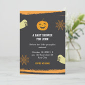 Halloween Pumpkin Little Boo Black Baby Dusche Einladung (Stehend Vorderseite)
