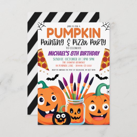 Halloween Pumpkin Malerei und Pizza Party Invitat Einladung (Vorne/Hinten)