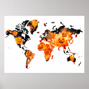 Halloween Pumpkin POD Wall Art World Map Poster