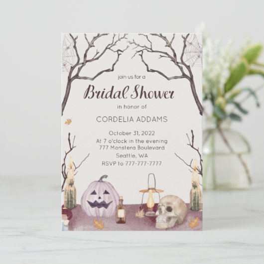 Halloween Pumpkin Skull Bridal Dusche Einladung (Stehend Vorderseite)