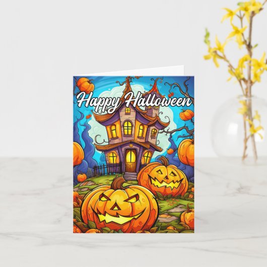 Halloween Pumpkin & Spuk House Karte (Gelbe Blume)