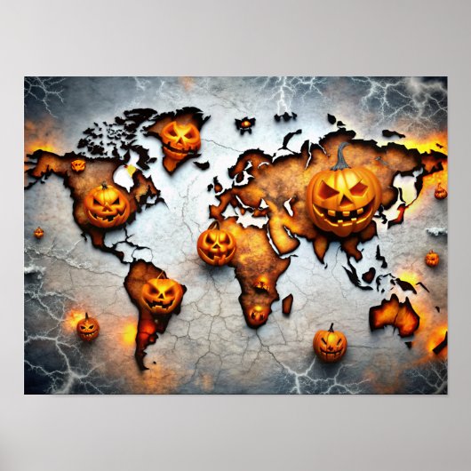 Halloween Pumpkin Wall Art World Map Poster (Vorne)