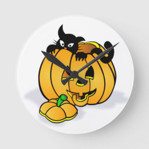 Halloween Pumpkin with Black Cat Runde Wanduhr