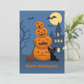 Halloween Pumpkins and Black Cat Feiertagskarte (Stehend Vorderseite)