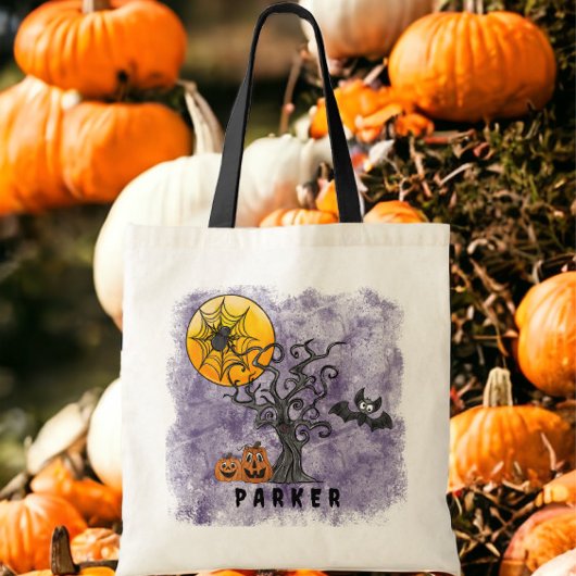 Halloween Pumpkins Bat Spooky Tree Name Lila Tragetasche