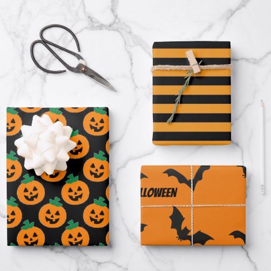 Halloween Pumpkins Bats Stripes Orange Black Geschenkpapier Set (Vorderseite)