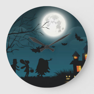 Halloween Pumpkins: Dunkles Schloss, blauer Mond Große Wanduhr