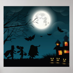Halloween Pumpkins: Dunkles Schloss, blauer Mond Poster